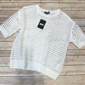 DKNY Women's Short Sleeve Netted Knit Top white size M